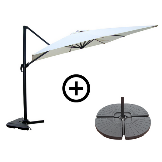 Set versetzter quadratischer Sonnenschirm 3x3m und 4 Bodenplatten zum Beschweren
