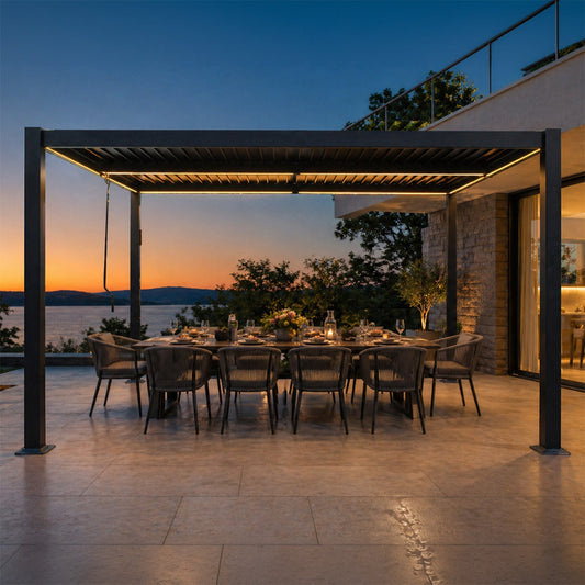Bioklimatische Pergola mit LED 4x3m Aluminiumstruktur schwenkbare Lamellen