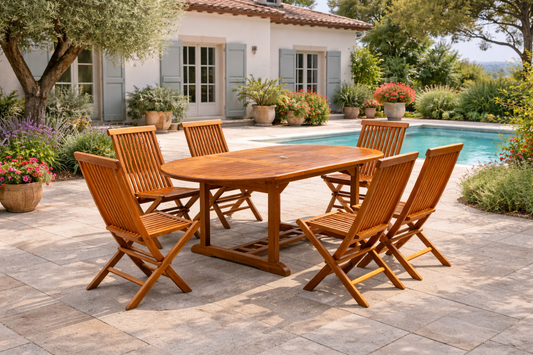 Ausziehbares ovales Teakholz-Gartenset 6 Plaetze