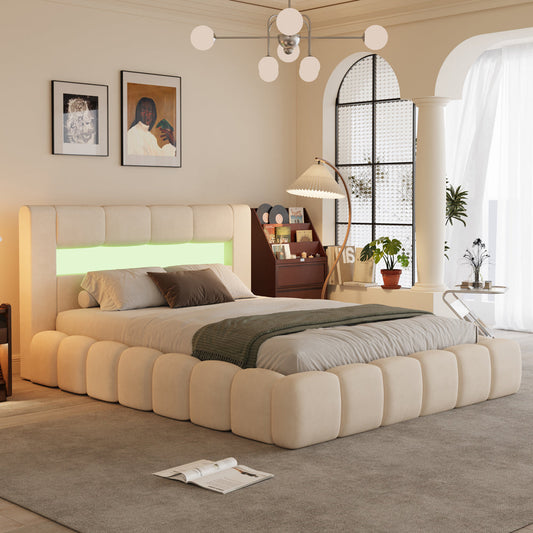 Wolken-Bett mit Stauraum und LED 160x200cm aus Samt mit Kopfteil und Lattenrost