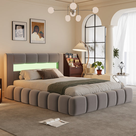 Wolken-Bett mit Stauraum und LED 160x200cm aus Samt mit Kopfteil und Lattenrost