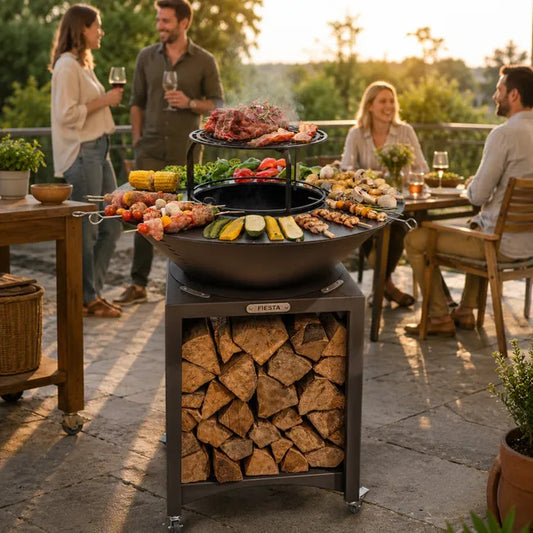FIESTA Hochfeuerschale mit abnehmbarer Stahlplatte und Grillrost, Kochplatte fuer Aussenbereich, Durchmesser 75 cm
