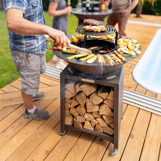 FIESTA Hochfeuerschale mit abnehmbarer Stahlplatte und Grillrost, Kochplatte fuer Aussenbereich, Durchmesser 75 cm
