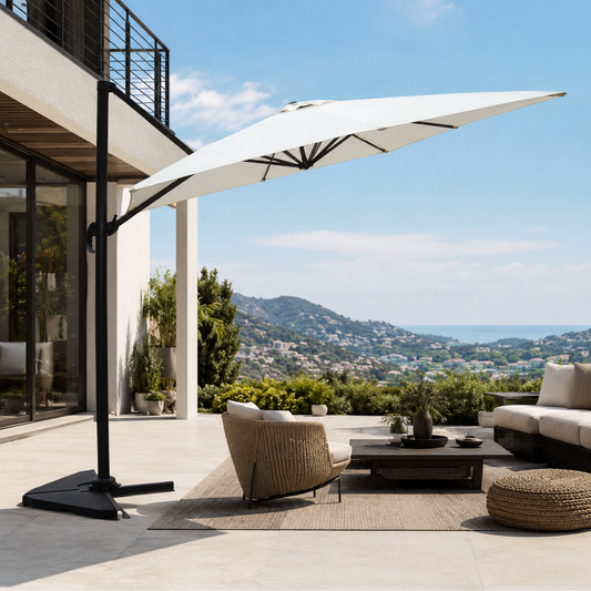Rechteckiger Sonnenschirm 3x4m versetzt drehbar aus Aluminium + Schutzhuelle