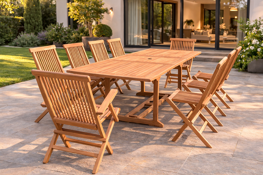 Ausziehbares rechteckiges Teakholz-Gartenset 10 Sitzplaetze - Kapazitaet 12 Personen