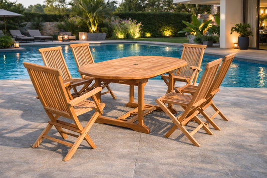 Ausziehbares ovales Teakholz-Gartenset 6 Plaetze