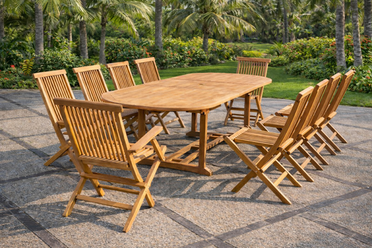 Ausziehbares ovales Teakholz-Gartenset 10 Sitzplaetze - Kapazitaet 12 Personen