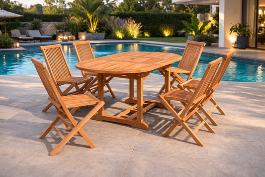 Ausziehbares ovales Teakholz-Gartenset 6 Plaetze
