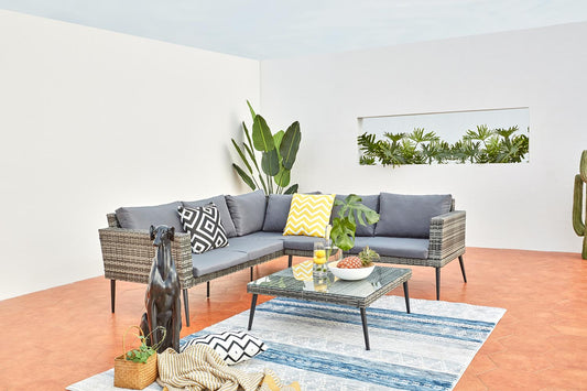 Gartensofa niedrig 5 Plaetze aus geflochtenem Kunstharz grau