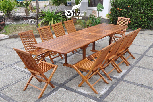 Ausziehbares rechteckiges Teakholz-Gartenset 10 Sitzplaetze - Kapazitaet 12 Personen