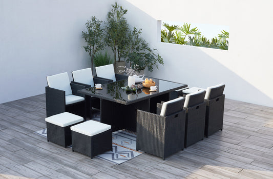Stapelbares Gartenset 10 Plaetze Sessel und Hocker aus geflochtenem Kunstharz