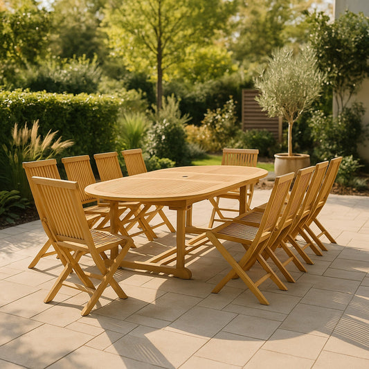 Gartenset aus Teakholz oval 10 Personen + 10 Stuehle