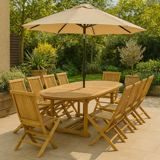 Gartenset aus Teakholz oval 10 Personen + 10 Stuehle