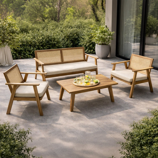 Gartenset 4 Plaetze aus Akazienholz und Geflecht