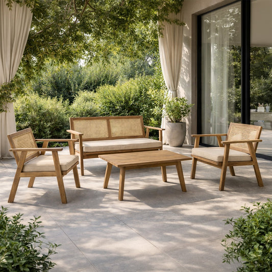 Gartenset 4 Plaetze aus Akazienholz und Geflecht
