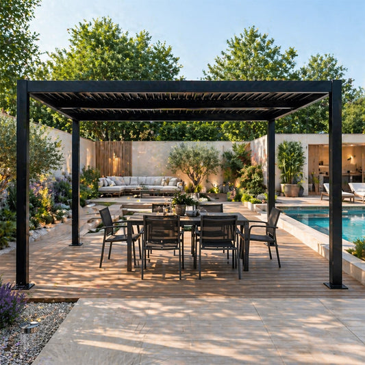 Bioklimatische Pergola 4x3m Struktur und schwenkbare Lamellen aus Aluminium