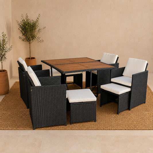 Stapelbares Gartenset 8 Plaetze aus Akazienholz und geflochtenem Kunstharz + Schutzhuelle