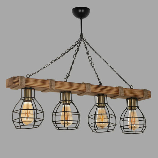 Draht-Pendelleuchte 4 Lampen Holz und Metall