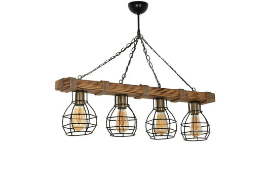 Draht-Pendelleuchte 4 Lampen Holz und Metall