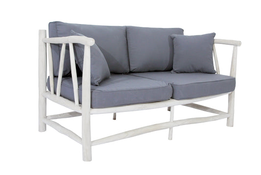 Sessel fuer 2 Personen aus Teak mit grauem Kissen