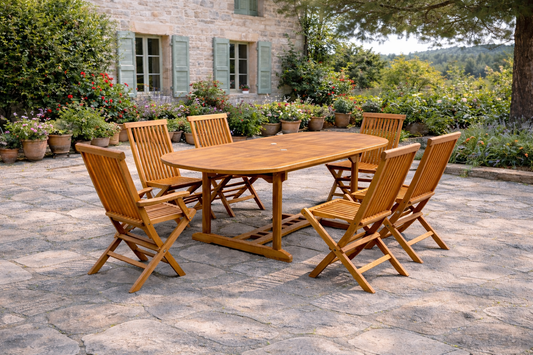 Ausziehbares ovales Teakholz-Gartenset 6 Plaetze
