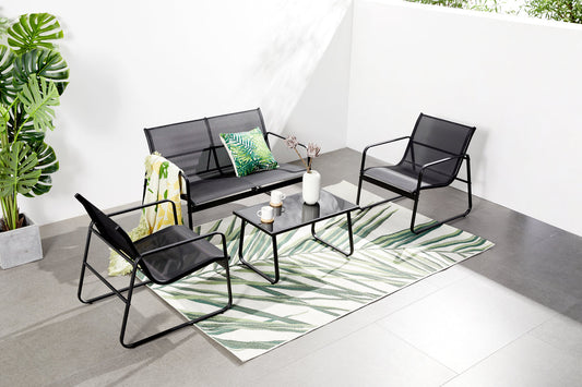 Gartenset mit Sofa, Sesseln und rechteckigem Couchtisch schwarz aus Stahl