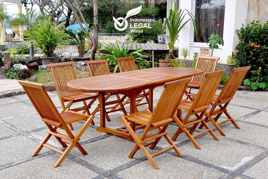 Ausziehbares ovales Teakholz-Gartenset 8 Sitzplaetze - Kapazitaet 10 Personen