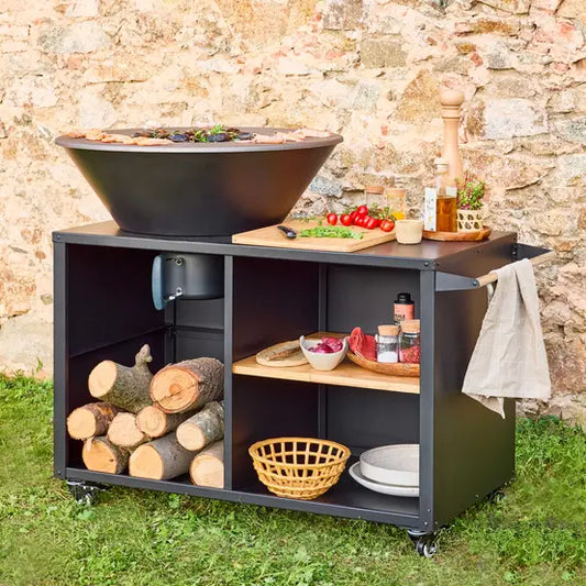 Feuerschale Stromboli mit Grillpfanne, 80 cm Durchmesser - schwarz, mit Grillrost und Stauraum. L 138 x T 82 x H 114 cm