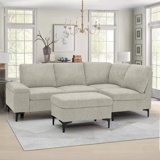 Ecksofa 4/5 Sitzer aus Chenille-Stoff mit Hocker und Stauraum