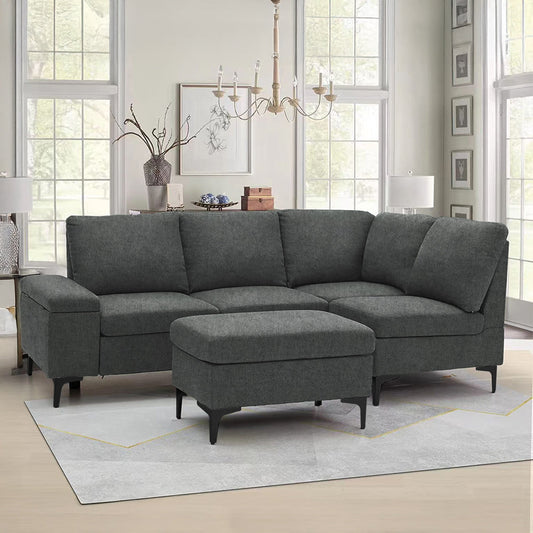 Ecksofa 4/5 Sitzer aus Chenille-Stoff mit Hocker und Stauraum