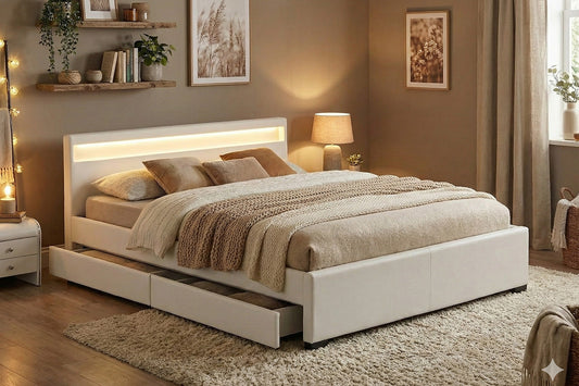 Bettgestell mit LED und Stauraum 160 x 200 cm