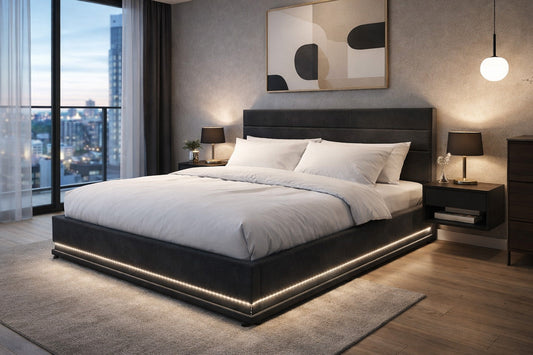 LED-Stauraumbett 140 x 190 cm Samt grau mit Kopfteil und Lattenrost