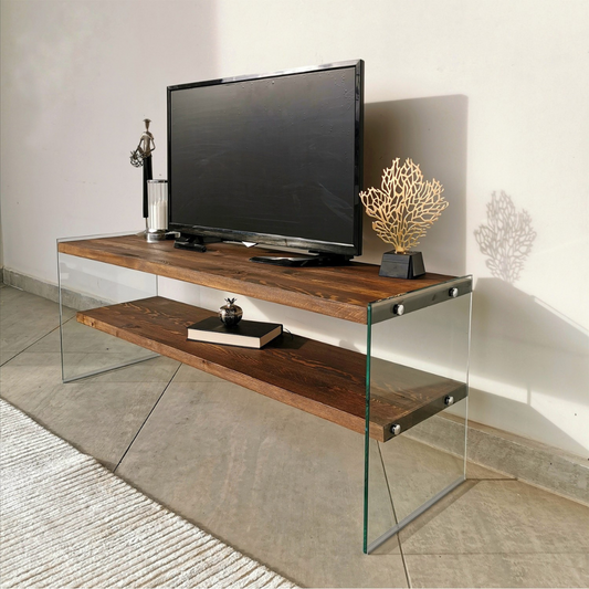 Zeitgenoessisches TV-Moeibel aus Glas und Holz 120 cm