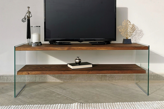 Zeitgenoessisches TV-Moeibel aus Glas und Holz 120 cm