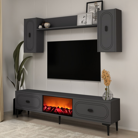TV-Moeibel-Set mit Wandregalen und LED-Kamin 150cm anthrazitgrau
