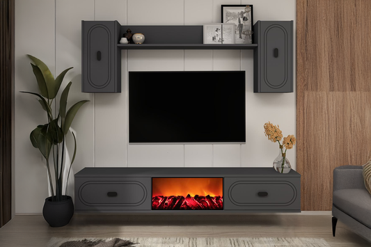 TV-Moeibel-Set mit Wandregalen und LED-Kamin 150cm anthrazitgrau