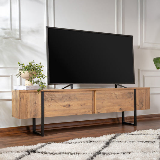 Industrielles TV-Moeibel mit Schraenken Holz und Schwarz 180cm