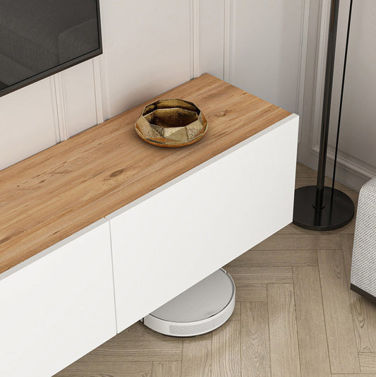 Haengendes TV-Moeibel mit Schraenken 150cm weiss und Holz