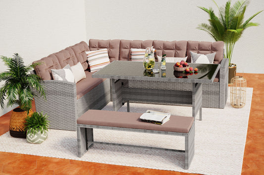 Gartenset 8 Plaetze mit Ecksofa aus geflochtenem Kunstharz