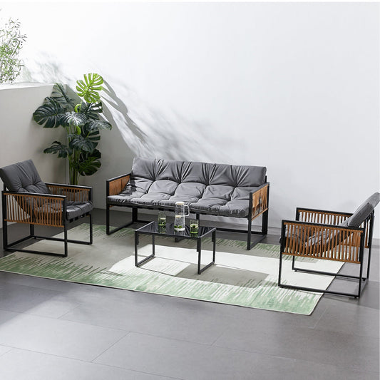Gartenset 5 Plaetze schwarz Rattaneffekt graue Kissen