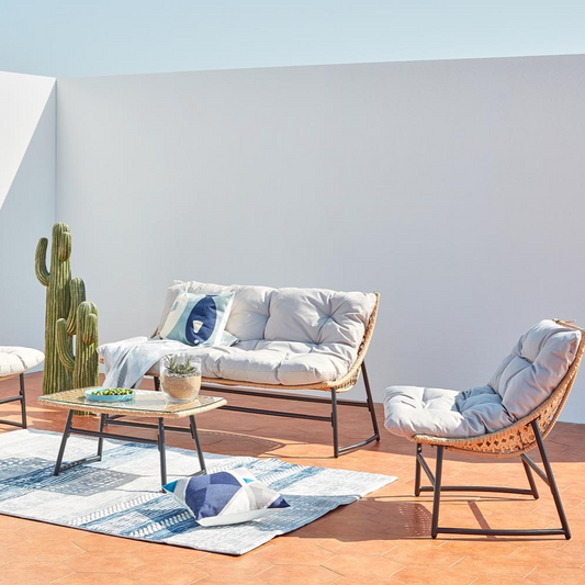 Gartenset mit Sofa, Sesseln und rechteckigem Couchtisch aus Kunstharz und Sicherheitsglas