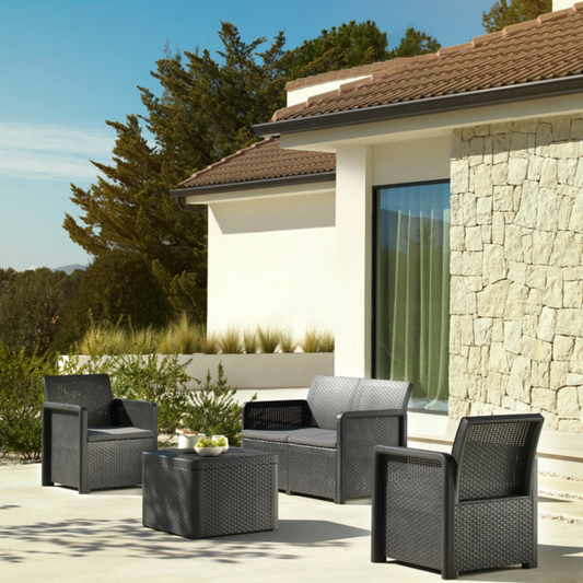 Gartenset Kunstharzoptik 4 Plaetze mit grauem Couchtisch