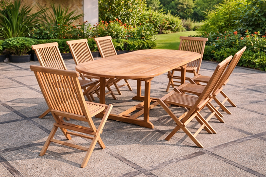 Ausziehbares ovales Teakholz-Gartenset 8 Sitzplaetze - Kapazitaet 10 Personen