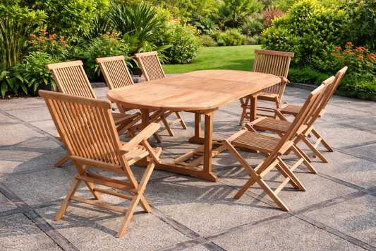 Ausziehbares ovales Teakholz-Gartenset 8 Sitzplaetze - Kapazitaet 10 Personen