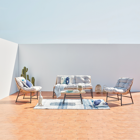 Gartenset mit Sofa, Sesseln und rechteckigem Couchtisch aus Kunstharz und Sicherheitsglas