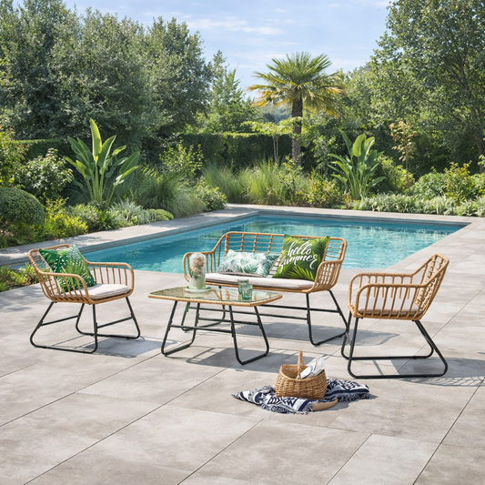 Gartenset 4 Plaetze aus Rattan und Stahl beige und schwarz