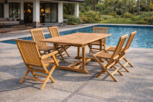 Ausziehbares rechteckiges Gartenset aus Teak 6 Plaetze