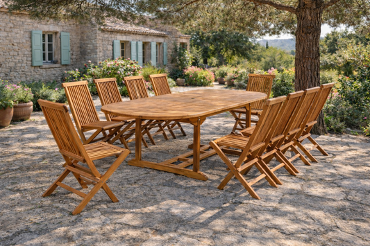 Ausziehbares ovales Teakholz-Gartenset 10 Sitzplaetze - Kapazitaet 12 Personen