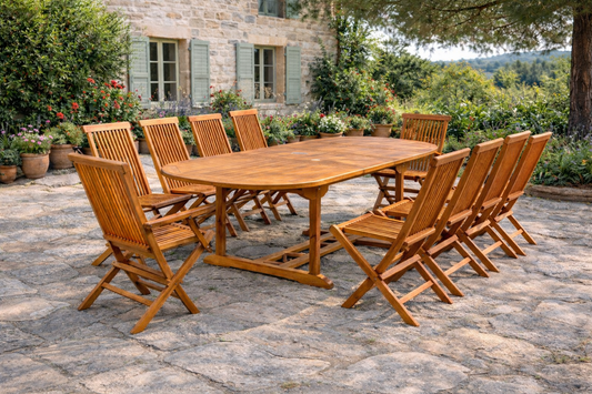 Ausziehbares ovales Teakholz-Gartenset 10 Sitzplaetze - Kapazitaet 12 Personen
