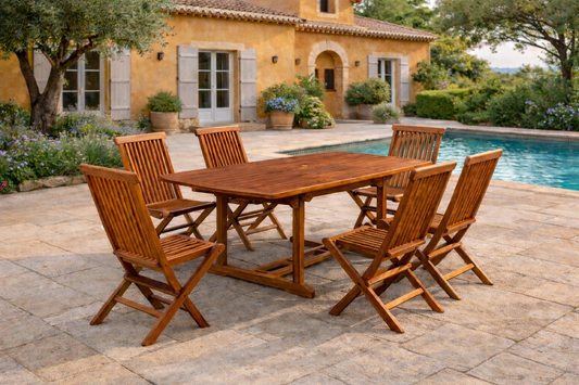Ausziehbares rechteckiges Teakholz-Gartenset 6 Plaetze